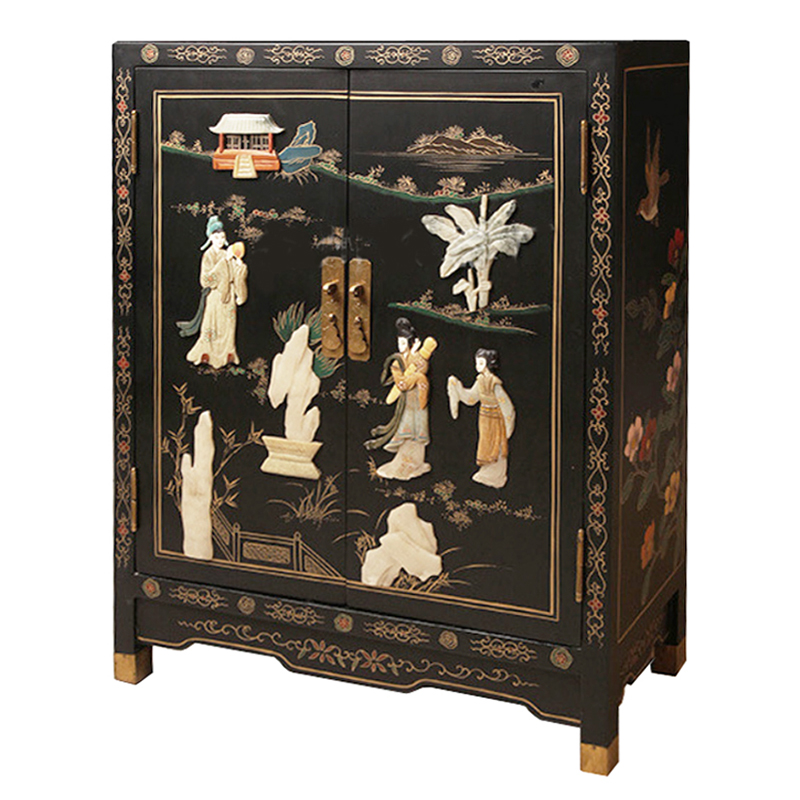 Черный Двухдверный Комод в Китайском стиле с каменным Барельефом Black Chinese Chest of drawers Черный Мульти в Нижнем Новгороде | Loft Concept 