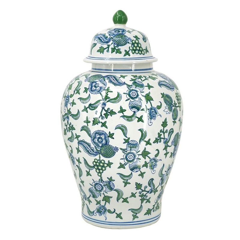 Ваза с крышкой и зелено-голубым цветочным узором на белом фоне Blue & White Ornament Белый Синий Ваза с крышкой и зелено-голубым цветочным узором на белом фоне Blue & White Ornament Белый Синий в Нижнем Новгороде | Loft Concept