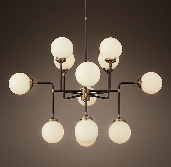 Люстра RH Bistro Globe Milk Glass 12-Light Chandelier Латунь Черный Белый в Нижнем Новгороде | Loft Concept 