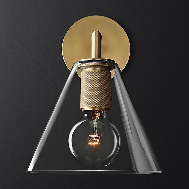 Бра RH Utilitaire Funnel Shade Single Sconce Brass Прозрачное Стекло Латунь в Нижнем Новгороде | Loft Concept 