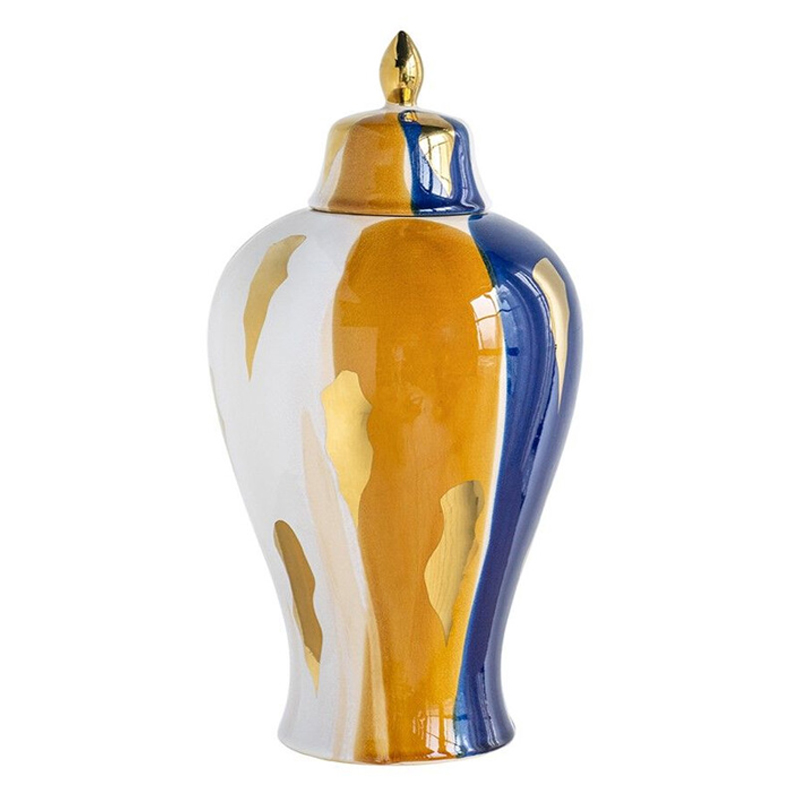 Ваза с крышкой и мазками синего и золого цвета на белом фоне Chinoiserie Ceramics Белый Оранжевый Золотой Синий Ваза с крышкой и мазками синего и золого цвета на белом фоне Chinoiserie Ceramics Белый Оранжевый Золотой Синий в Нижнем Новгороде | Loft Concept