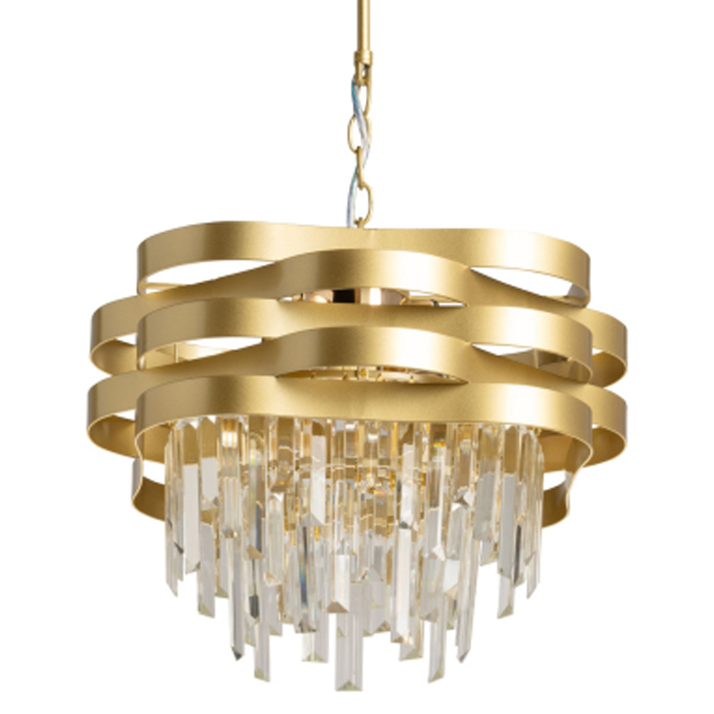 Люстра цвета матового золота с металлическими лентами и длинными прозрачными подвесками Gilded Waves Золотой Прозрачный в Нижнем Новгороде | Loft Concept 
