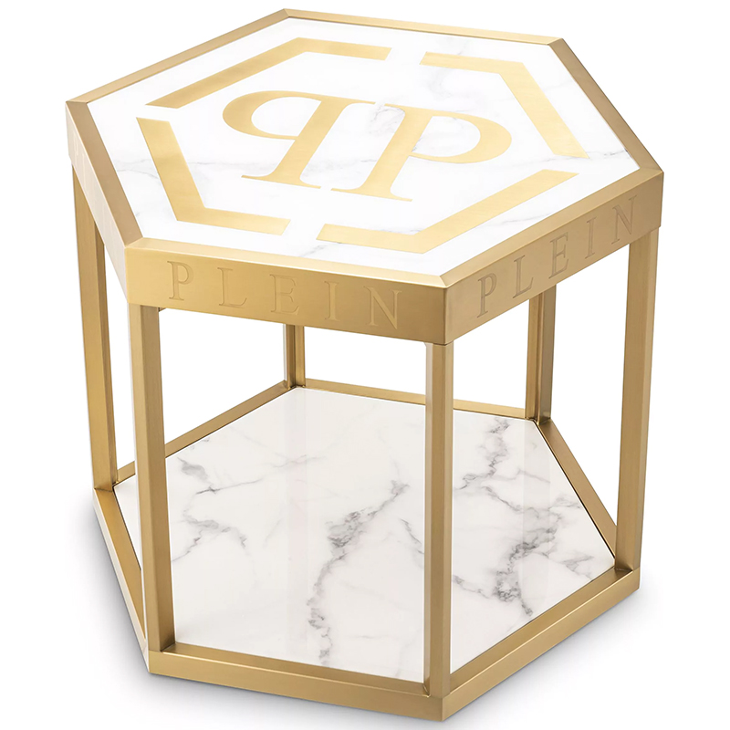 Приставной стол Philipp Plein Side Table Billionaire Золотой Белый Мрамор Bianco в Нижнем Новгороде | Loft Concept 