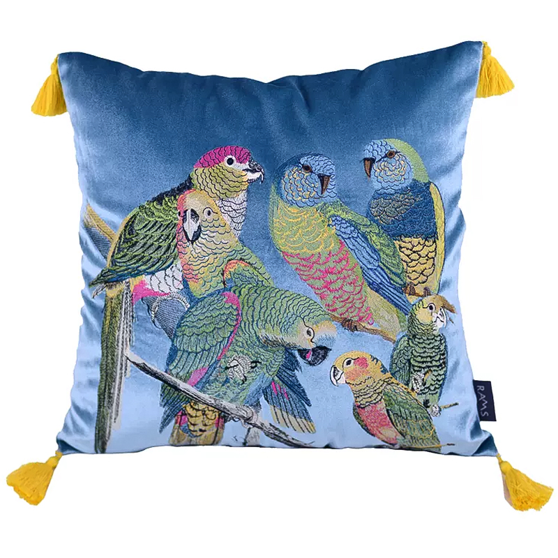 Декоративная подушка с вышивкой Embroidery Parrots Pillow Blue Голубой Мульти в Нижнем Новгороде | Loft Concept 