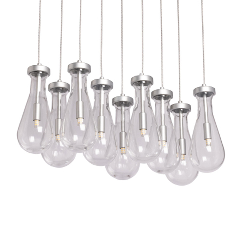 Люстра с 9-ю прозрачными плафонами из стекла в форме капли на прямоугольном потолочном основании цвета хром Lucid Rain  Серебряный Прозрачный в Нижнем Новгороде | Loft Concept 