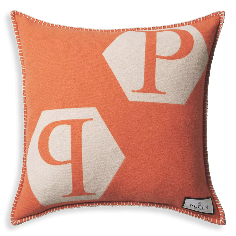 Подушка Philipp Plein Cushion Cashmere PP Logo 65 x 65 Orange Оранжевый Белый в Нижнем Новгороде | Loft Concept 