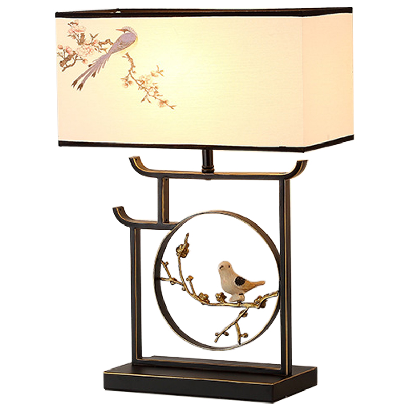 Настольная лампа с абажуром Bird Chinese Style Modern Table Lamp Черный Бежевый Золотой в Нижнем Новгороде | Loft Concept 