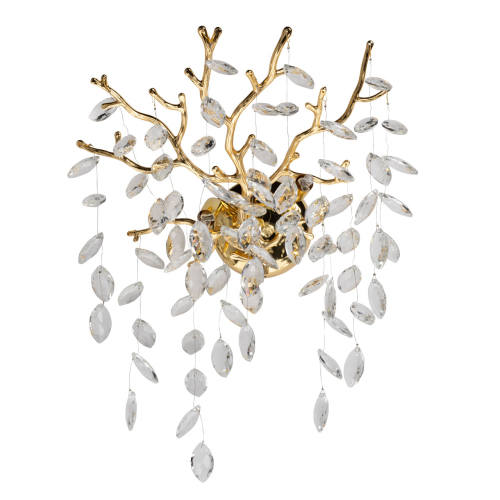 Бра золотого цвета с декоративными ветвями и прозрачными подвесками в форме листьев Droplet Chandelier Золотой Прозрачный в Нижнем Новгороде | Loft Concept 