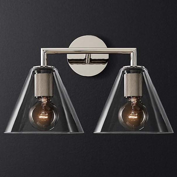 Бра RH Utilitaire Funnel Shade Double Sconce Silver Прозрачное Стекло Никель в Нижнем Новгороде | Loft Concept 