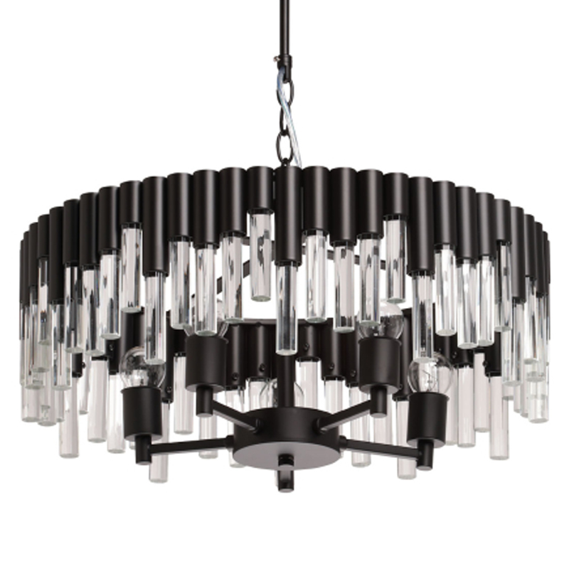 Люстра круглая из матового черного металла с подвесками из прозрачных стеклянных трубок Noir Tubes Черный Прозрачное Стекло в Нижнем Новгороде | Loft Concept 