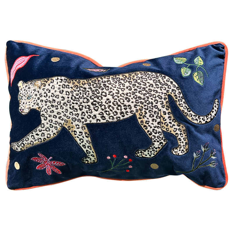 Декоративная подушка с вышивкой Panther Embroidery Cushion Темно-синий Мульти в Нижнем Новгороде | Loft Concept 