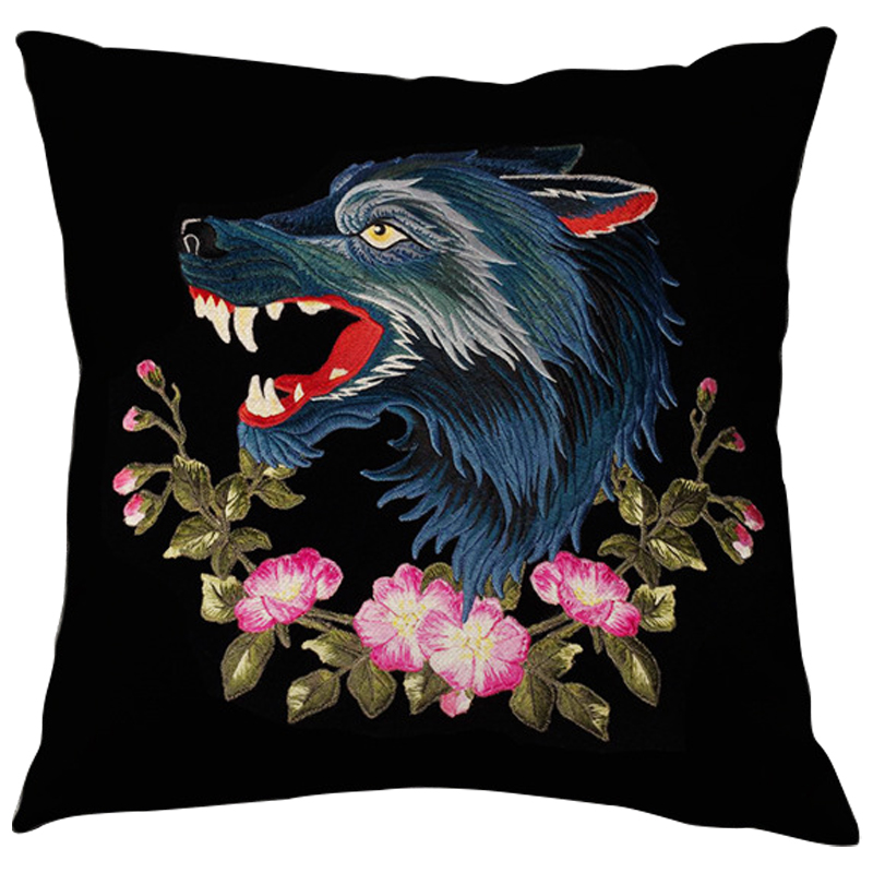 Декоративная подушка с вышивкой Стиль Gucci Wolf Black Черный Мульти в Нижнем Новгороде | Loft Concept 