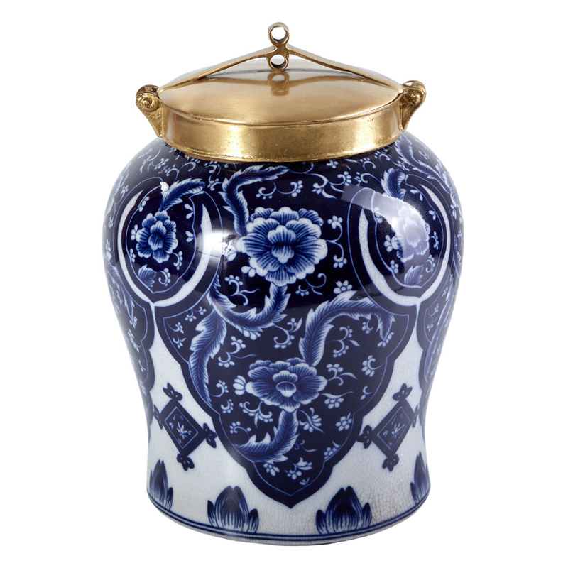 Ваза с насыщенным синим орнаментом и золотой крышкой Blue & White Ornament Белый Синий Золотой Ваза с насыщенным синим орнаментом и золотой крышкой Blue & White Ornament Белый Синий Золотой в Нижнем Новгороде | Loft Concept