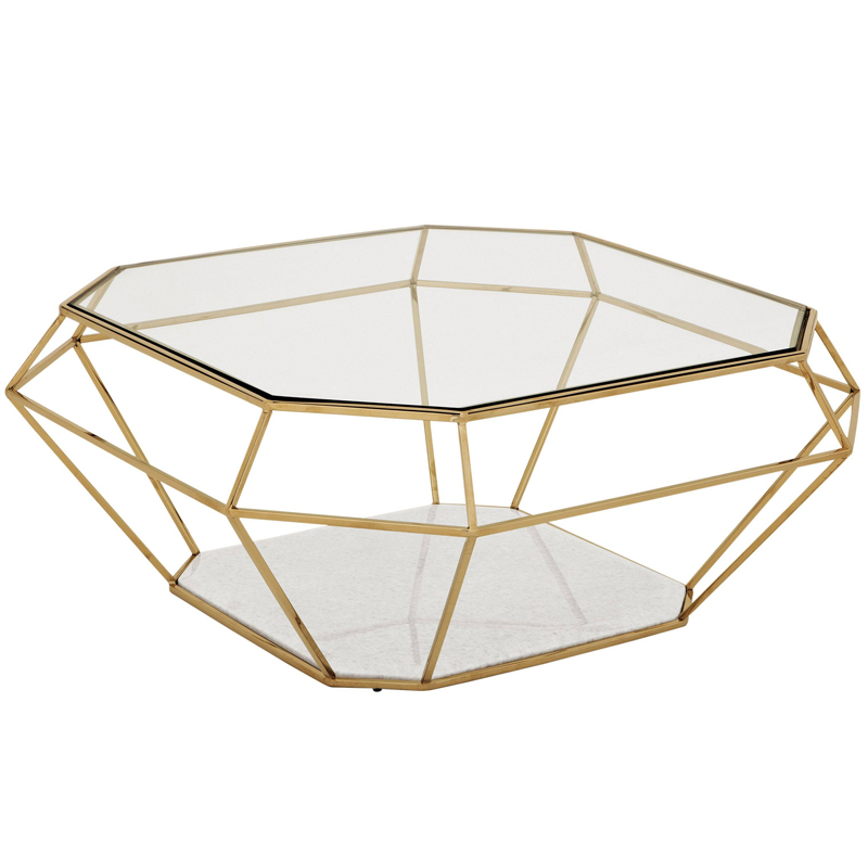 Кофейный стол Eichholtz Coffee Table Asscher Золотой Прозрачный Белый Мрамор Bianco в Нижнем Новгороде | Loft Concept 