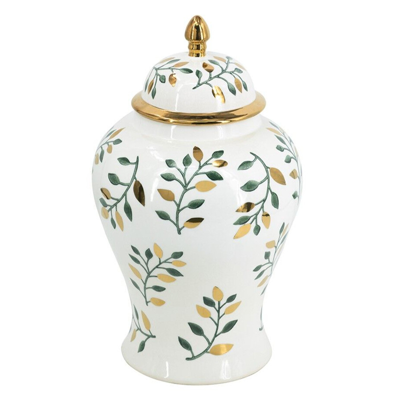Ваза белая с крышкой с рисунком зеленых и золотых листьев 48 см Chinoiserie Ceramics Белый Зеленый Золотой Ваза белая с крышкой с рисунком зеленых и золотых листьев 48 см Chinoiserie Ceramics Белый Зеленый Золотой в Нижнем Новгороде | Loft Concept
