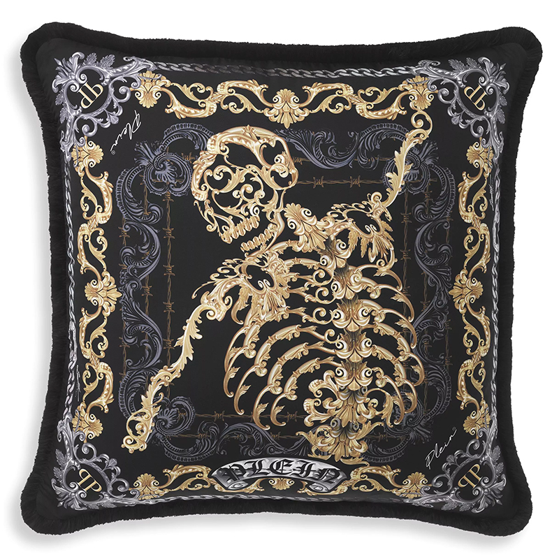 Подушка Philipp Plein Cushion Silk Skeleton 70 x 70 cm Черный Золотой Серый в Нижнем Новгороде | Loft Concept 