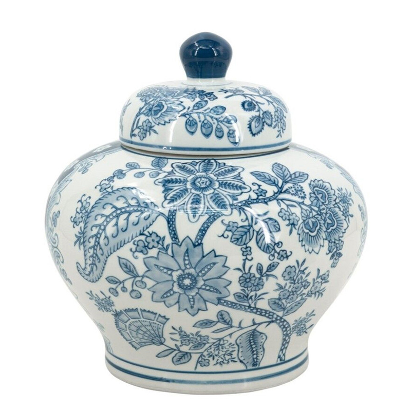 Ваза с крышкой и синим узором в виде цветов и листьев Blue & White Ornament Белый Синий Ваза с крышкой и синим узором в виде цветов и листьев Blue & White Ornament Белый Синий в Нижнем Новгороде | Loft Concept