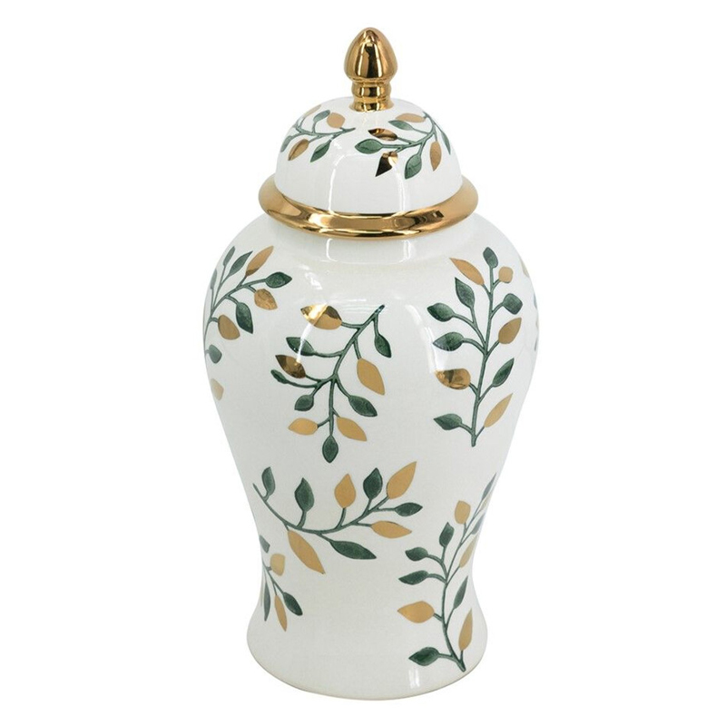 Ваза белая с крышкой с рисунком зеленых и золотых листьев 40 см Chinoiserie Ceramics Белый Зеленый Золотой Ваза белая с крышкой с рисунком зеленых и золотых листьев 40 см Chinoiserie Ceramics Белый Зеленый Золотой в Нижнем Новгороде | Loft Concept