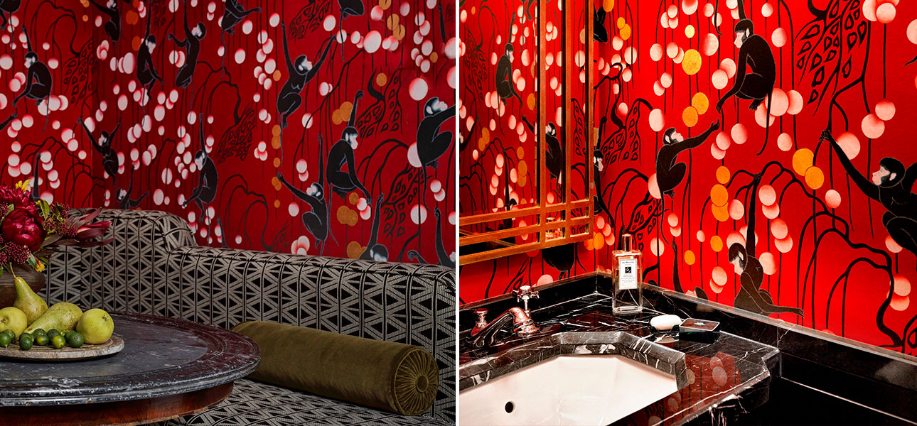 Обои ручная роспись Deco Monkeys Shanghai on Scarlet Lady dyed silk - фото