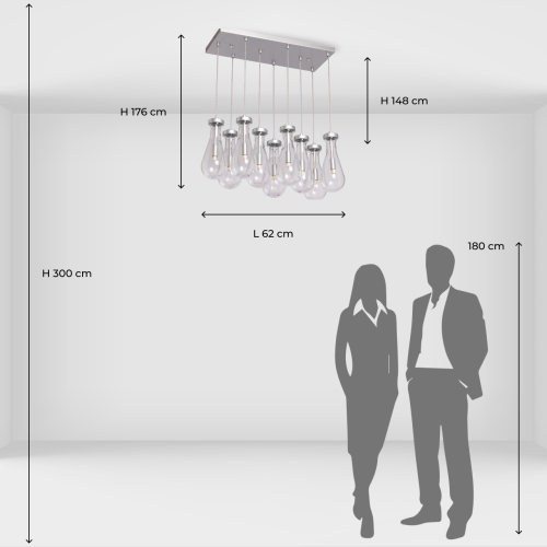 Люстра с 9-ю прозрачными плафонами из стекла в форме капли на прямоугольном потолочном основании цвета хром Lucid Rain  в Нижнем Новгороде