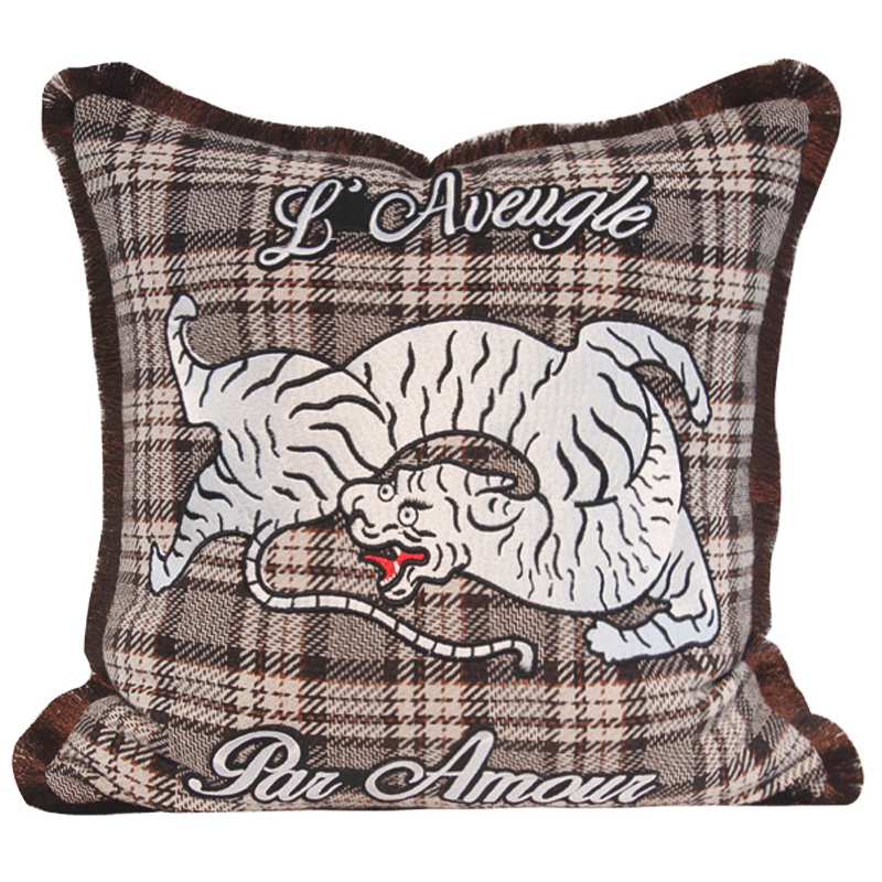 Декоративная подушка с вышивкой Стиль Gucci Plaid Print Tiger Cushion Коричневый Бежевый Красный в Нижнем Новгороде | Loft Concept 