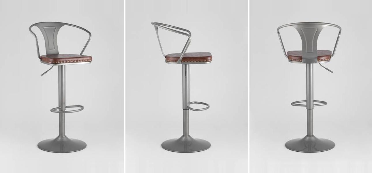 Барный Стул Tolix с Подлокотником Серебристый Металл Сидение Коричневая Экокожа - фото