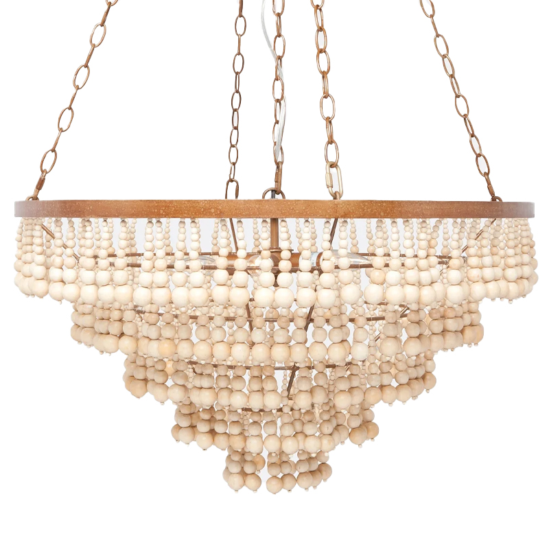 Круглая многоярусная люстра с круглыми деревянными подвесками Wooden Beads Chandelier Cream Кремовый Винтажная латунь в Нижнем Новгороде | Loft Concept 