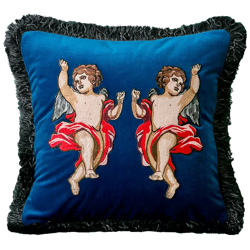 Декоративная подушка с вышивкой Стиль Gucci Angels Cushion Blue Синий Мульти в Нижнем Новгороде | Loft Concept 