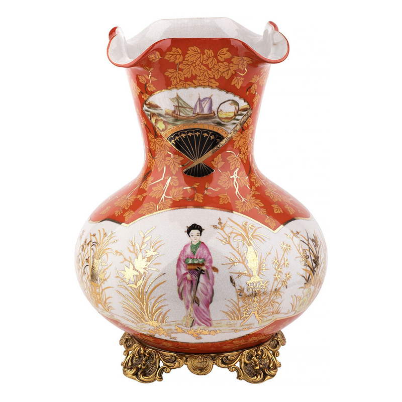 Ваза красного цвета с рисунком Chinoiserie Ceramics Белый Красный Бронза Ваза красного цвета с рисунком Chinoiserie Ceramics Белый Красный Бронза в Нижнем Новгороде | Loft Concept