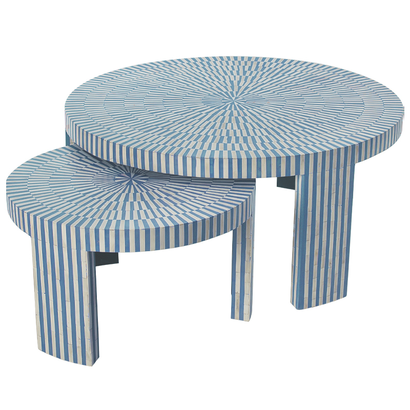 Комплект журнальных столов с инкрустацией Stripes Set of two tables blue Белый Голубой в Нижнем Новгороде | Loft Concept 