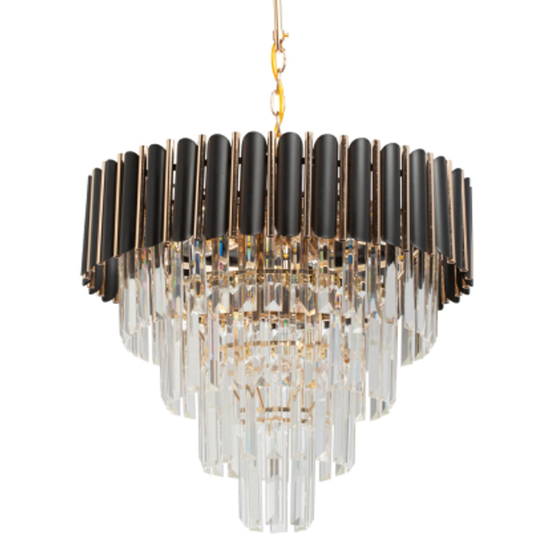 Люстра из черного металла с многоярусными подвесками из прозрачного хрусталя на золотой цепи Empire Black Chandelier Crystal Золотой Прозрачный Черный в Нижнем Новгороде | Loft Concept 