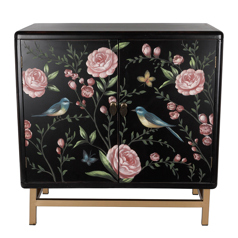 Комод с росписью птицы и цветы Black Chest Of Drawers Peonies Черный Черный Золотой Мульти в Нижнем Новгороде | Loft Concept 