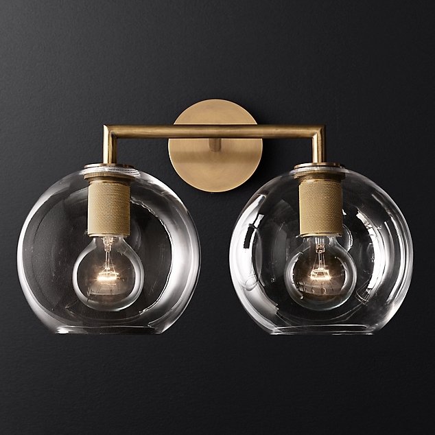 Бра RH Utilitaire Globe Shade Double Sconce Brass Прозрачное Стекло Латунь в Нижнем Новгороде | Loft Concept 