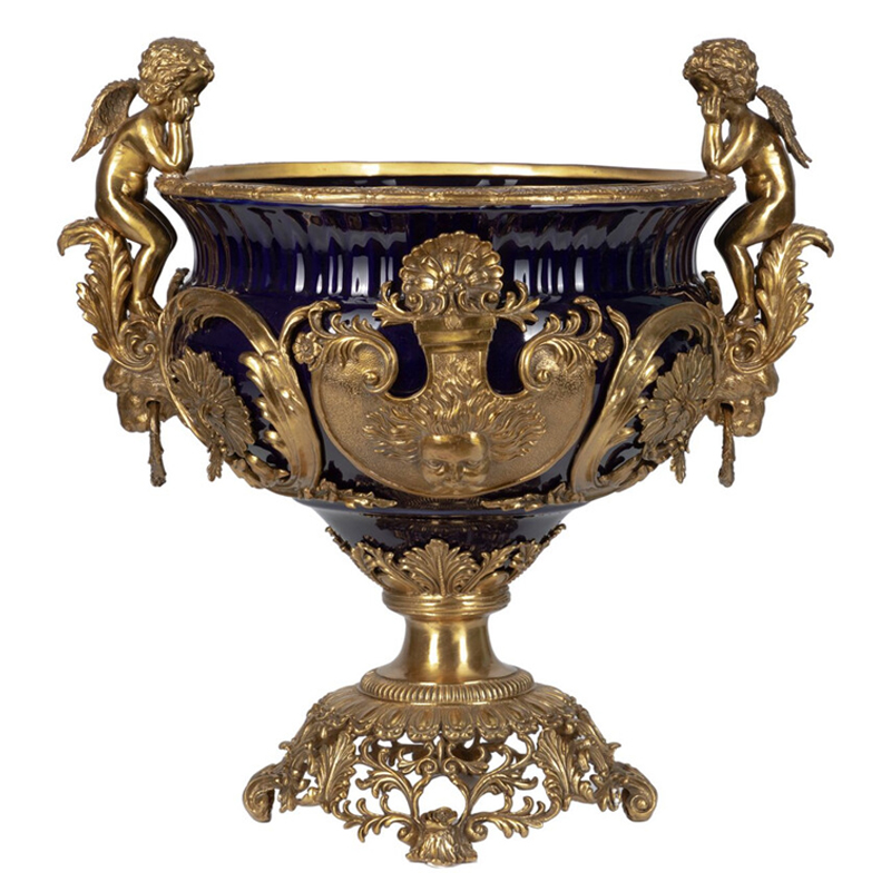 Чаша темно-синего цвета с фигурками ангелов и рельефным декором Eden Garden porcelain and bronze Темно-синий Бронза в Нижнем Новгороде | Loft Concept 