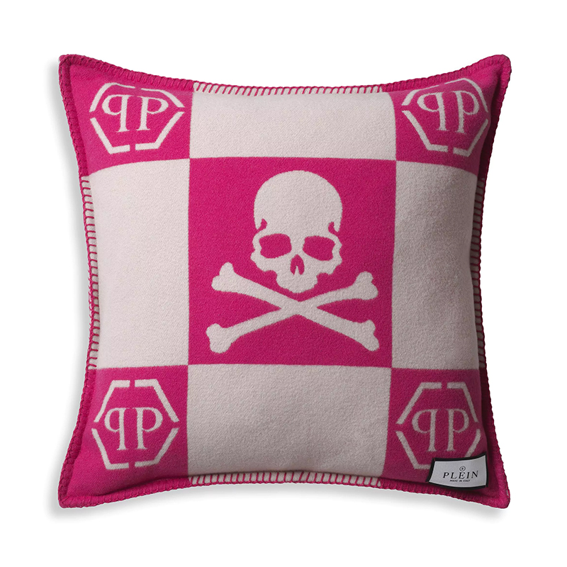 Подушка Philipp Plein Cushion Cashmere Skull 45 x 45 Pink Розовый Белый в Нижнем Новгороде | Loft Concept 