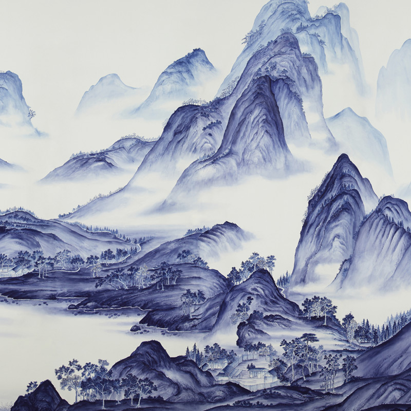 Обои ручная роспись A Thousand Li of Rivers and Mountains Delft on Bleached White dyed silk  в Нижнем Новгороде | Loft Concept 