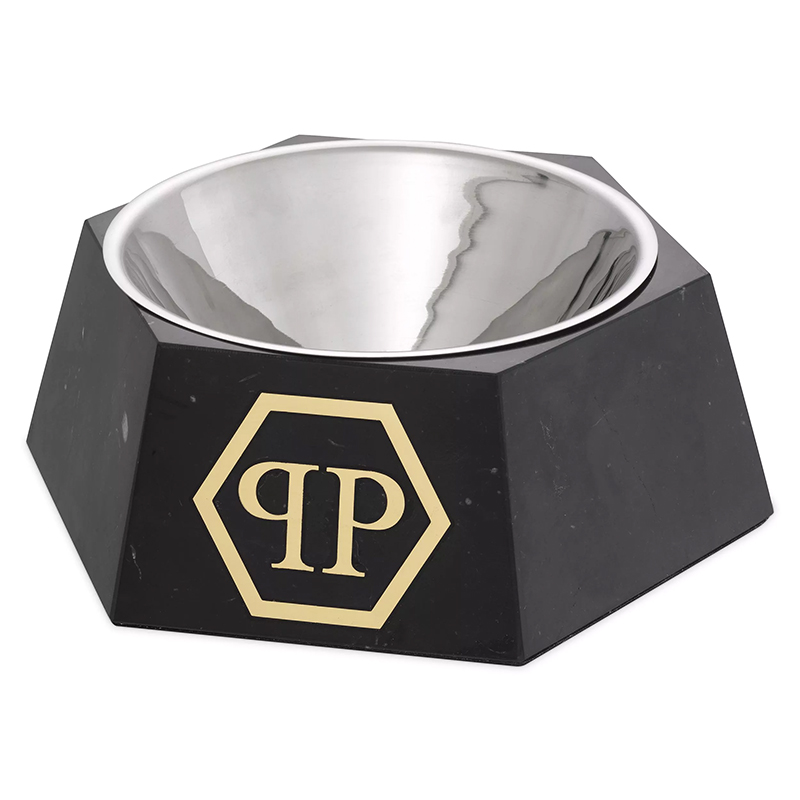 Миска для корма Philipp Plein Dog Food bowl Nice XL Black Черный Мрамор Nero Сталь Золотой в Нижнем Новгороде | Loft Concept 