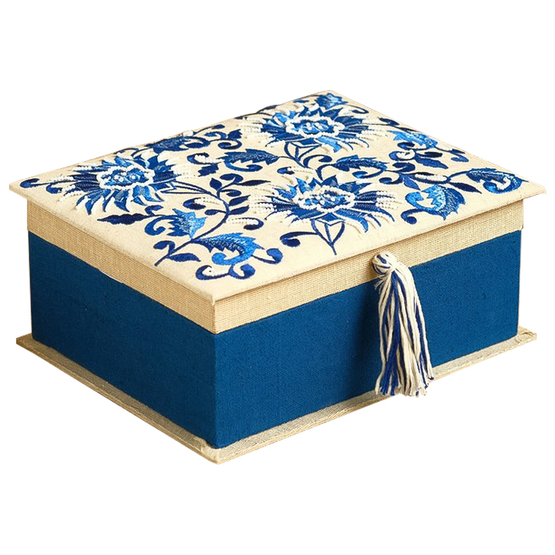 Шкатулка с вышивкой Blue Flowers Beads Embroidery Box Бежевый Синий Голубой в Нижнем Новгороде | Loft Concept 