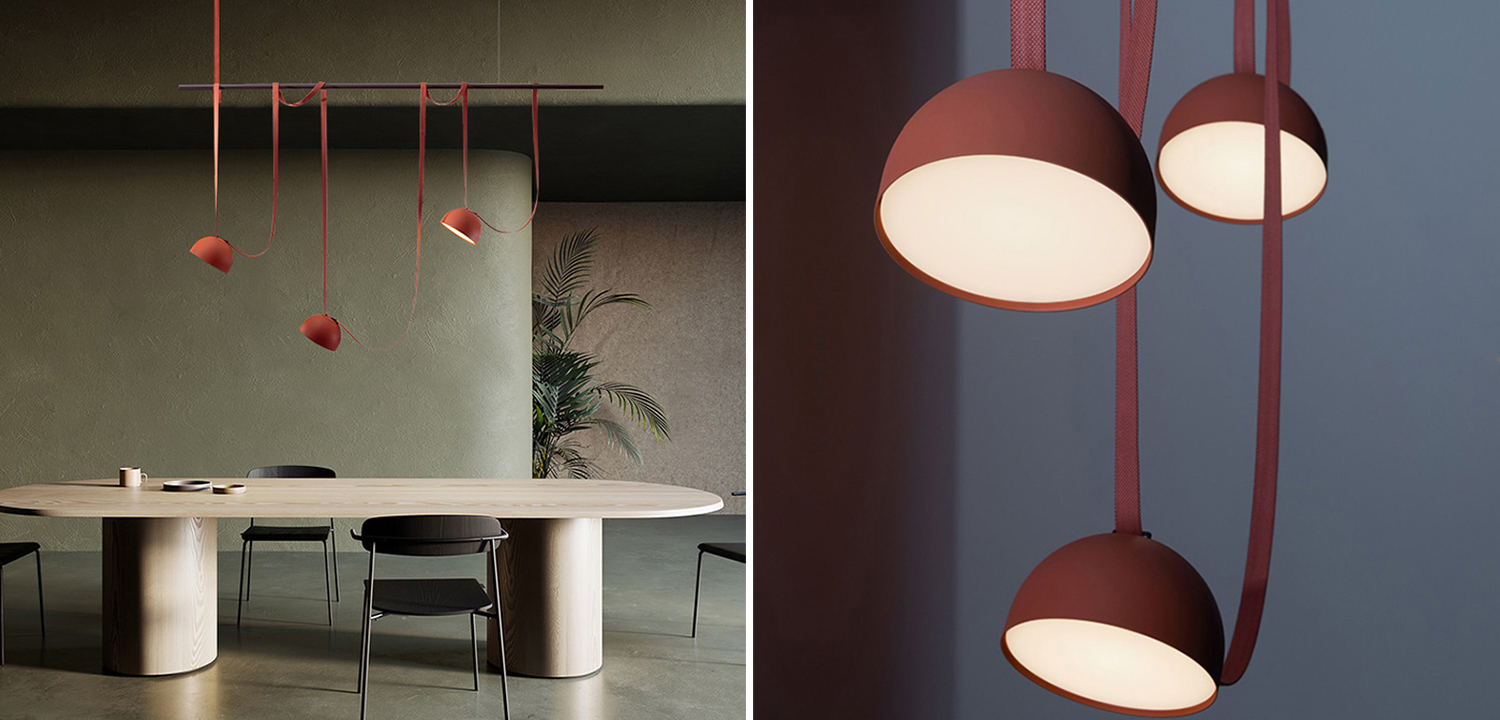 Vibia PLUSMINUS комбинация подвесных светодиодных светильников c красными абажурами на черной рейке с текстильными ремнями - фото