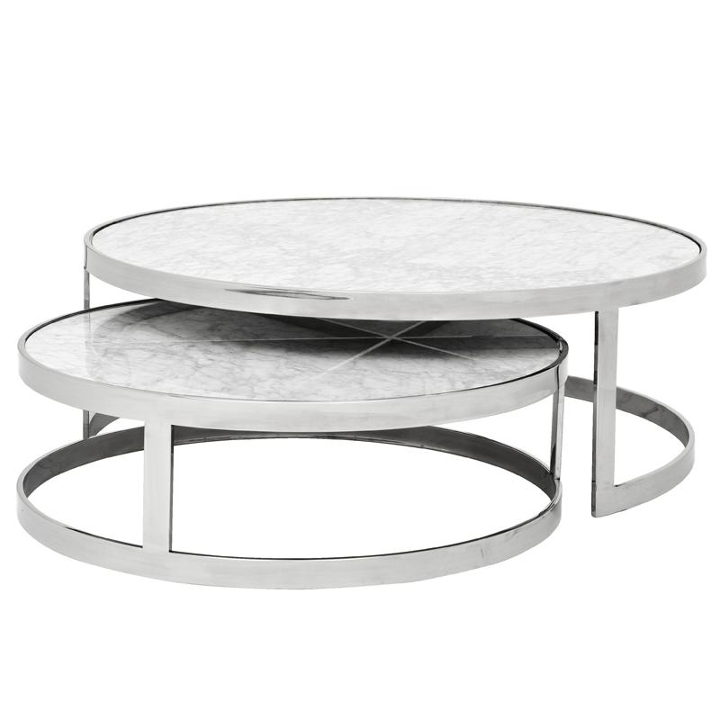 Комплект кофейных столов Eichholtz Coffee Table Fletcher set of 2 Нержавеющая сталь Белый Мрамор Bianco в Нижнем Новгороде | Loft Concept 