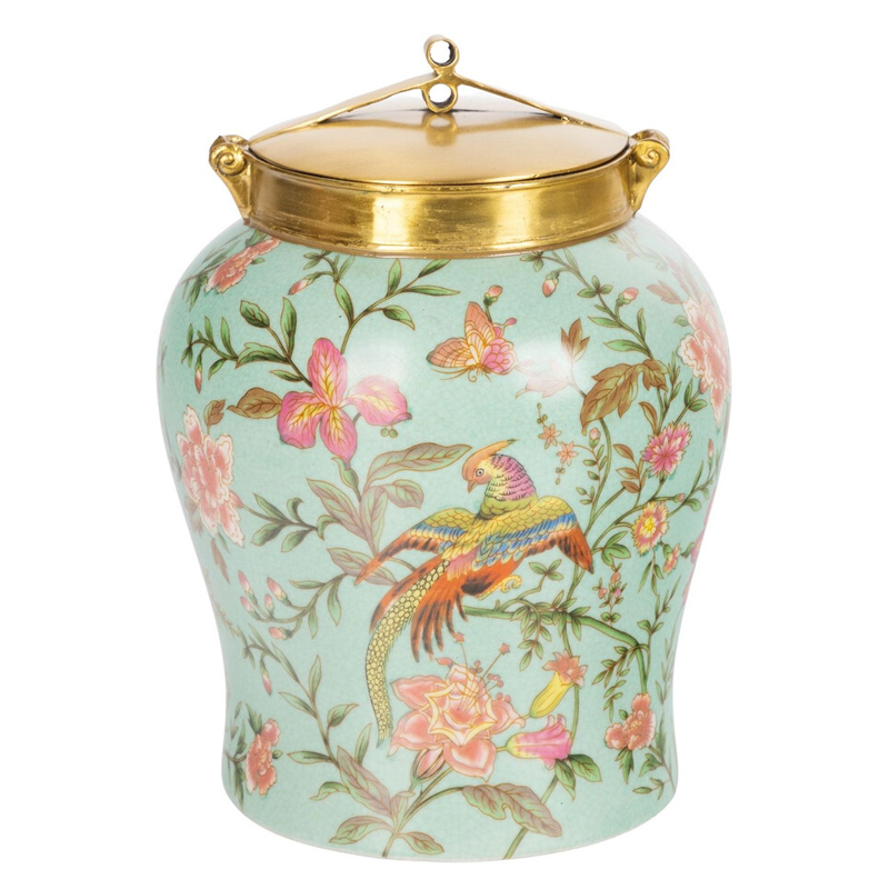 Ваза округлой формы из фарфора с рисунком и бронзовой крышкой Turquoise Blooming Garden Мульти Бронза Бирюзовый Ваза округлой формы из фарфора с рисунком и бронзовой крышкой Turquoise Blooming Garden Мульти Бронза Бирюзовый в Нижнем Новгороде | Loft Concept