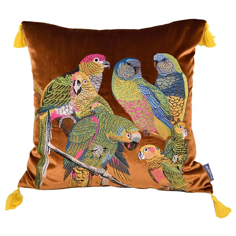 Декоративная подушка с вышивкой Embroidery Parrots Pillow Brown Коричневый Мульти в Нижнем Новгороде | Loft Concept 