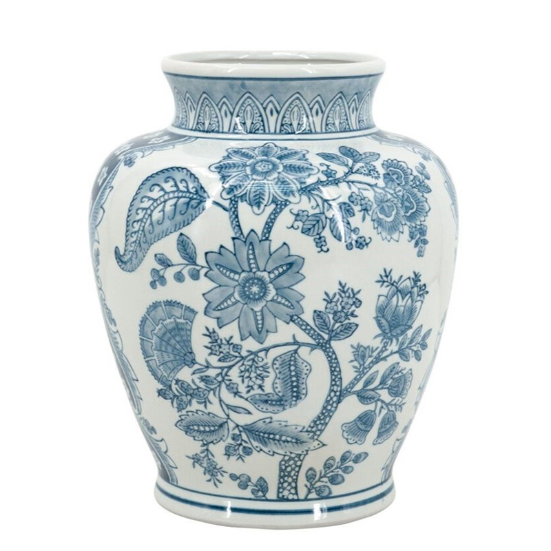 Ваза округлой формы белого цвета с синим растительным узором Blue & White Ornament Белый Синий Ваза округлой формы белого цвета с синим растительным узором Blue & White Ornament Белый Синий в Нижнем Новгороде | Loft Concept
