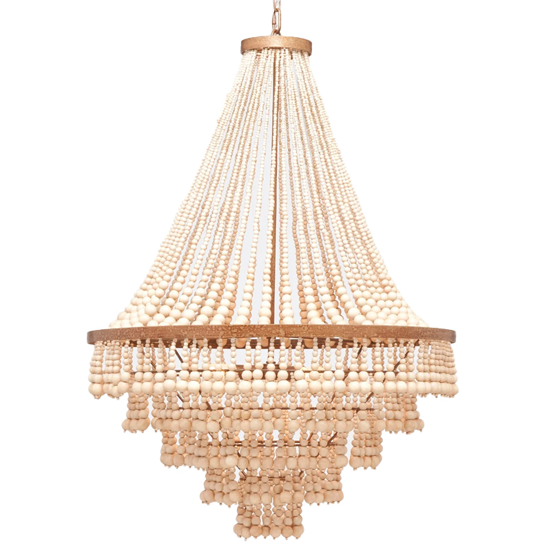 Многоярусная люстра украшенная круглыми деревянными бусами Wooden Beads Chandelier L Винтажная латунь Кремовый в Нижнем Новгороде | Loft Concept 