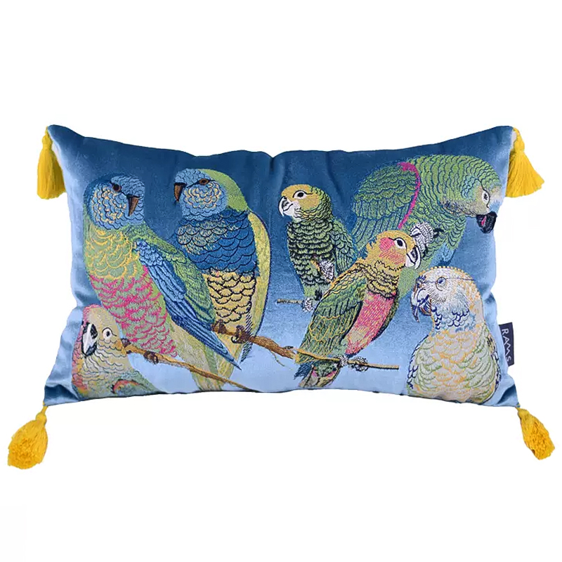 Декоративная подушка с вышивкой Embroidery Parrots Long Pillow Blue Голубой Мульти в Нижнем Новгороде | Loft Concept 