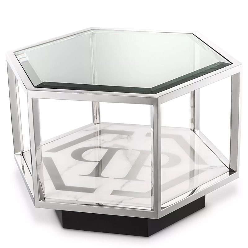 Приставной стол Philipp Plein Side Table Falcon View Chrome Хром Белый Мрамор Bianco Серый Черный Прозрачное Стекло в Нижнем Новгороде | Loft Concept 