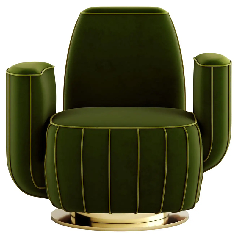 Дизайнерское Кресло-Кактус Modern Green Velvet Armchair Cactus Shape with Gold Swivel Base Зеленый Золотой в Нижнем Новгороде | Loft Concept 