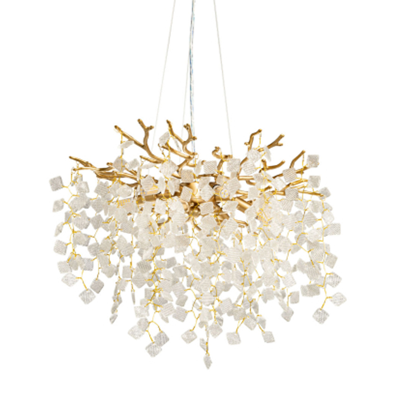 Люстра подвесная золотого цвета с декоративными ветвями и прозрачными рельефными подвесками FAIRYTREE Light Золотой Прозрачный в Нижнем Новгороде | Loft Concept 