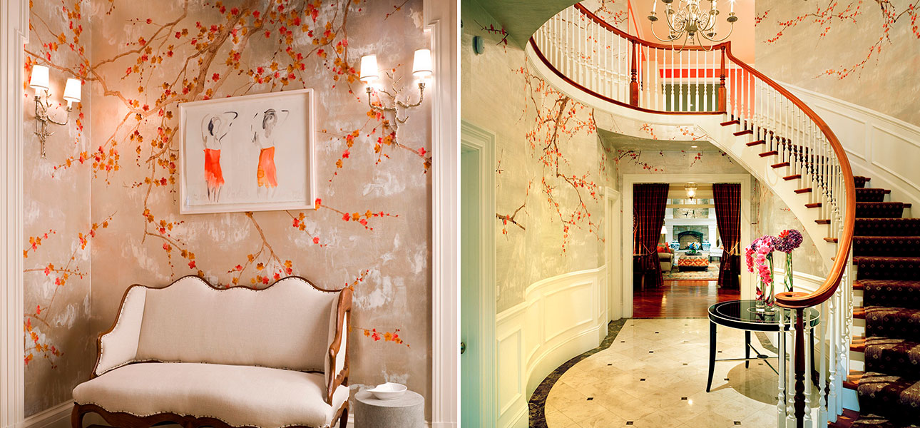 Обои ручная роспись Plum Blossom Original colourway on Tarnished Silver gilded paper with pearlescent antiquing - фото №1