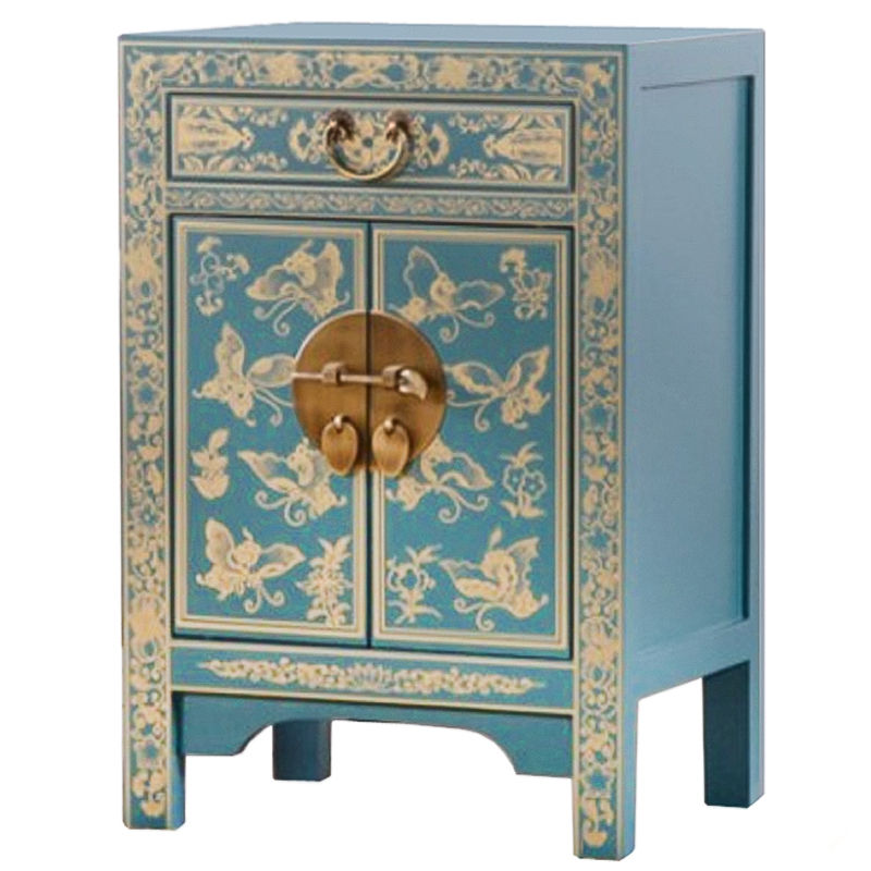 Светло-бирюзовая тумба в Китайском стиле ручная роспись Light Turquoise Chinese Nightstand Бирюзовый Золотой в Нижнем Новгороде | Loft Concept 